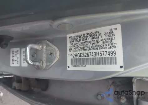 2003 Honda Civic Ex z USA, uszkodzony, nr VIN 2HGES26743H577499